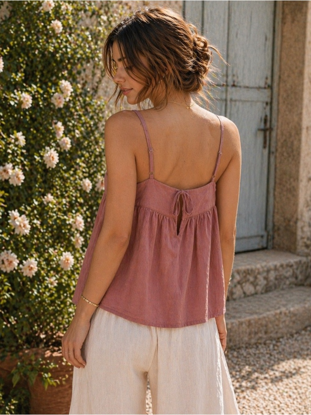 Abercrombie Fitch Linen Blend Babydoll Cami Top Dusty Rose Tie Back Boho S
